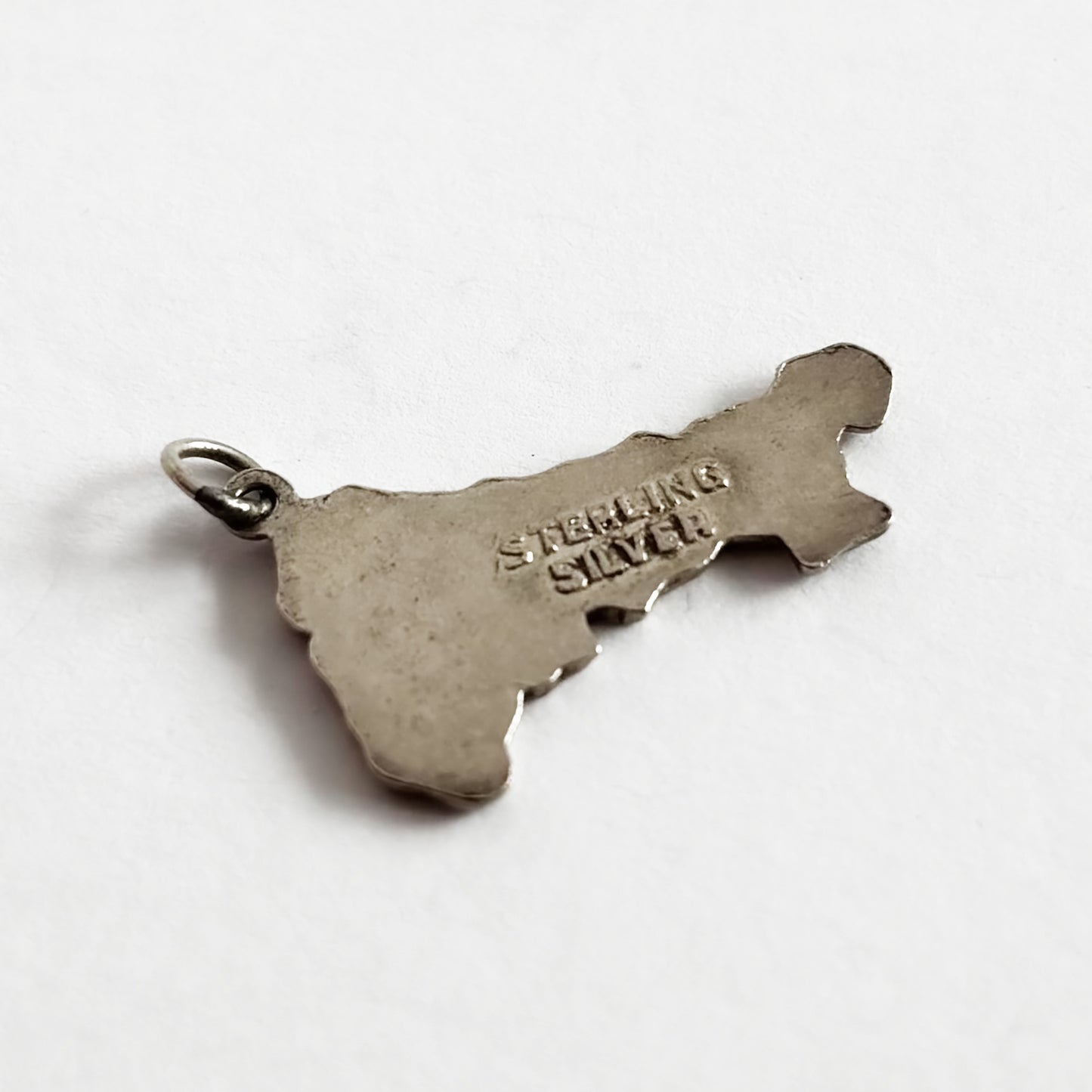 Back of a vintage sterling silver and blue enamel Cornwall pendant