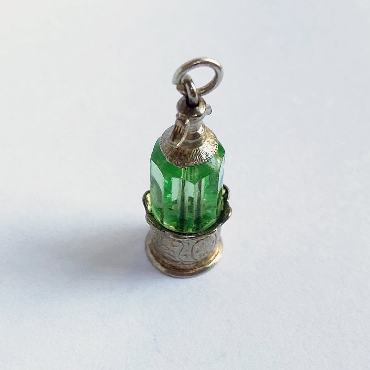 Vintage Nuvo Platnauer Birmingham silver and green crystal soda syphon charm from Charmarama