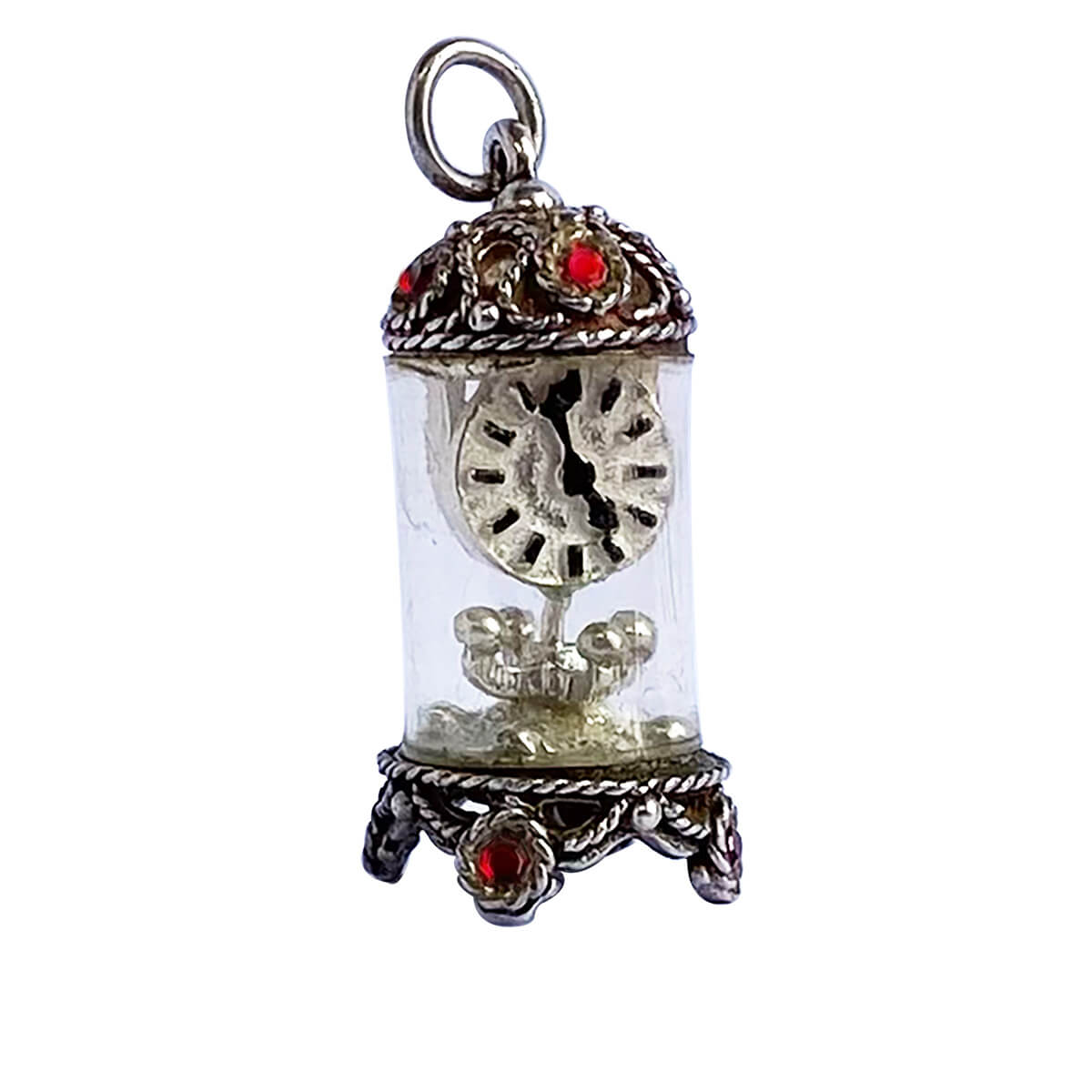 Vintage English silver Nuvo carriage clock charm with red crystals