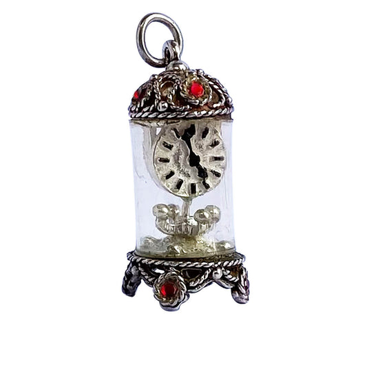 Vintage English silver Nuvo carriage clock charm with red crystals