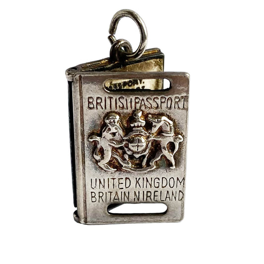 Vintage silver British Passport charm opens to paper