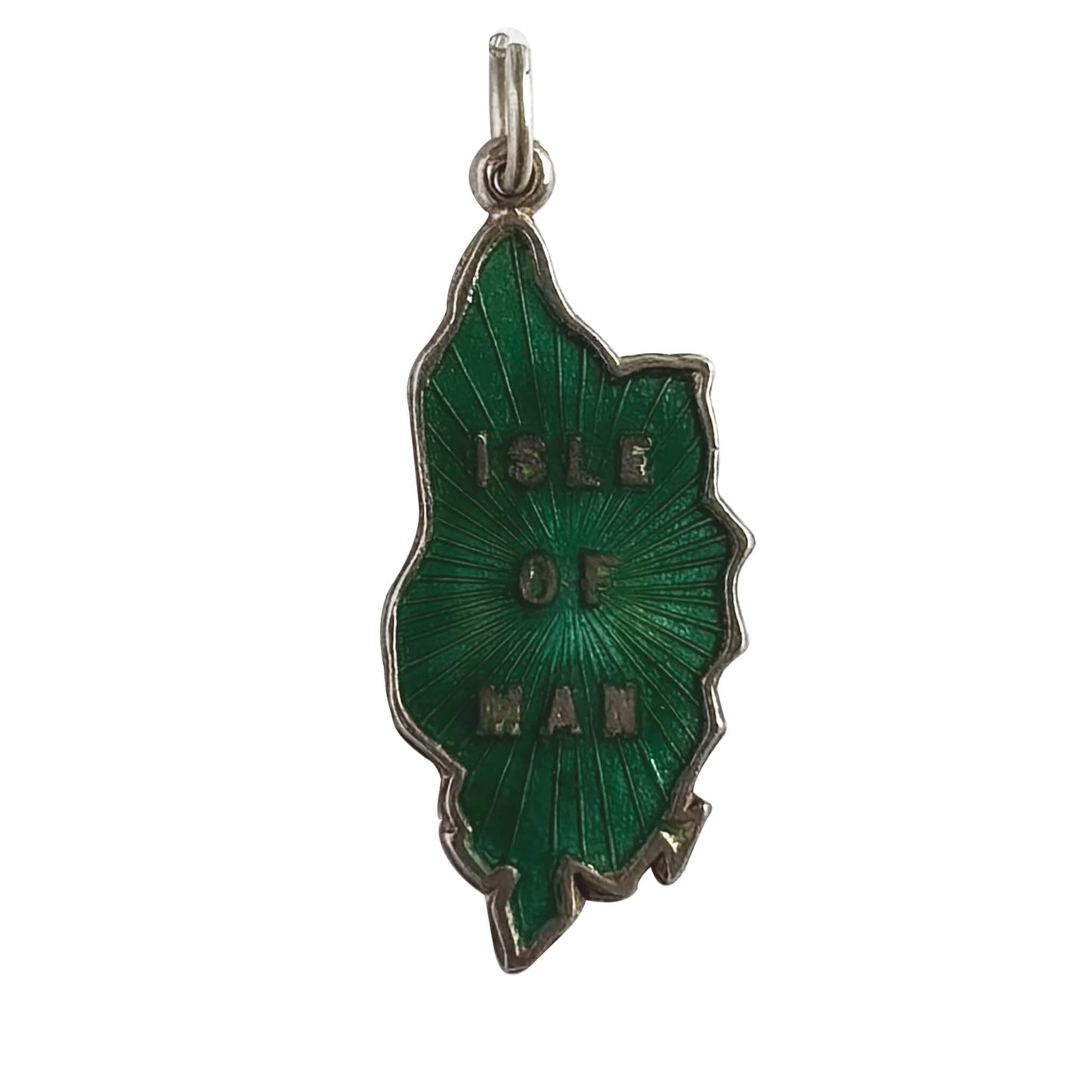 Green enamel pendant shaped like the Isle of Man with 'Isle of Man' text on a white background