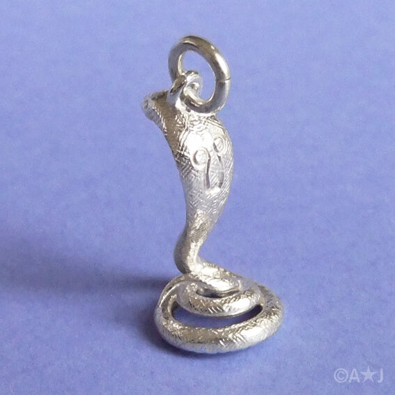 Sterling silver cobra snake charm on purple background