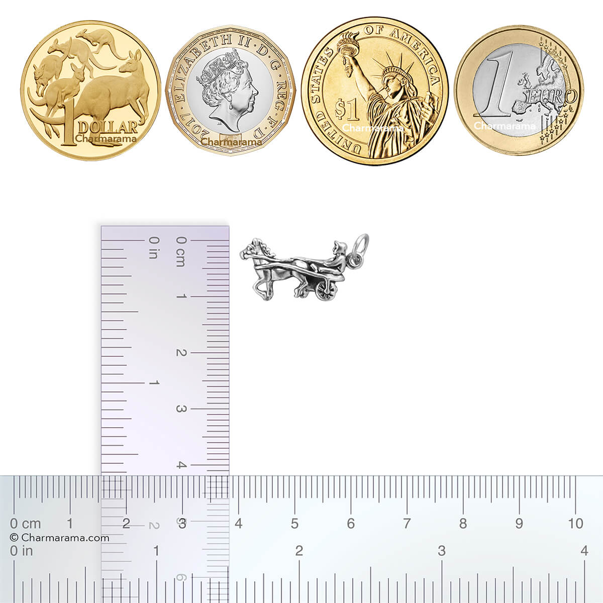 Sterling silver harness racer charm with coins and rulers for scale on a white background