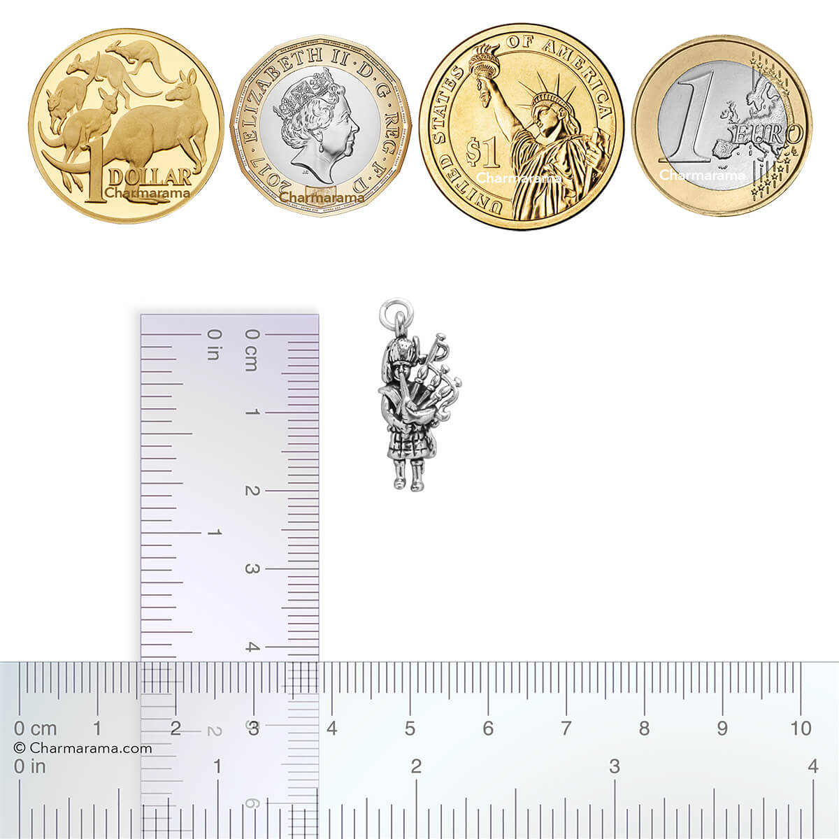 silver bagpiper charm with ruler and coins for scale