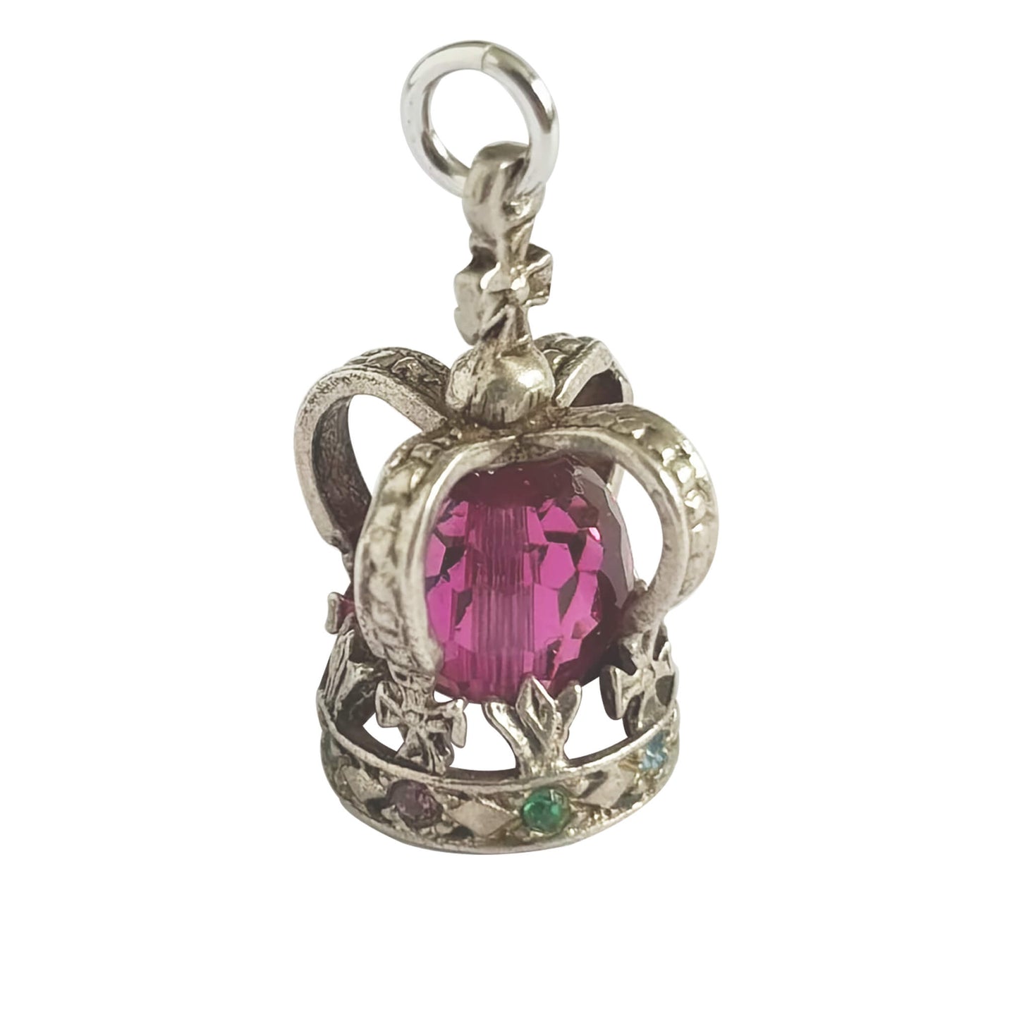 Silver crown pendant with a pink gemstone on a white background