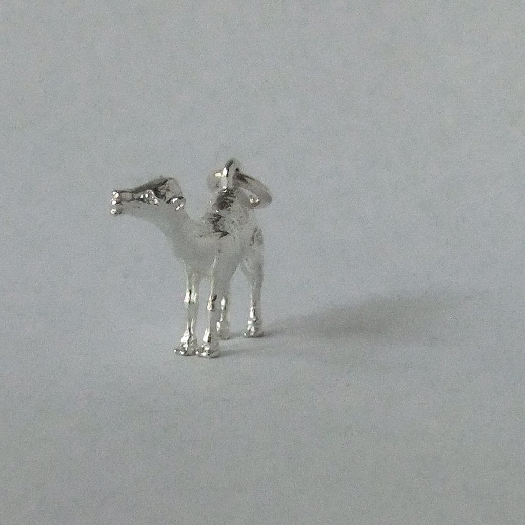 Silver camel charm on a grey background
