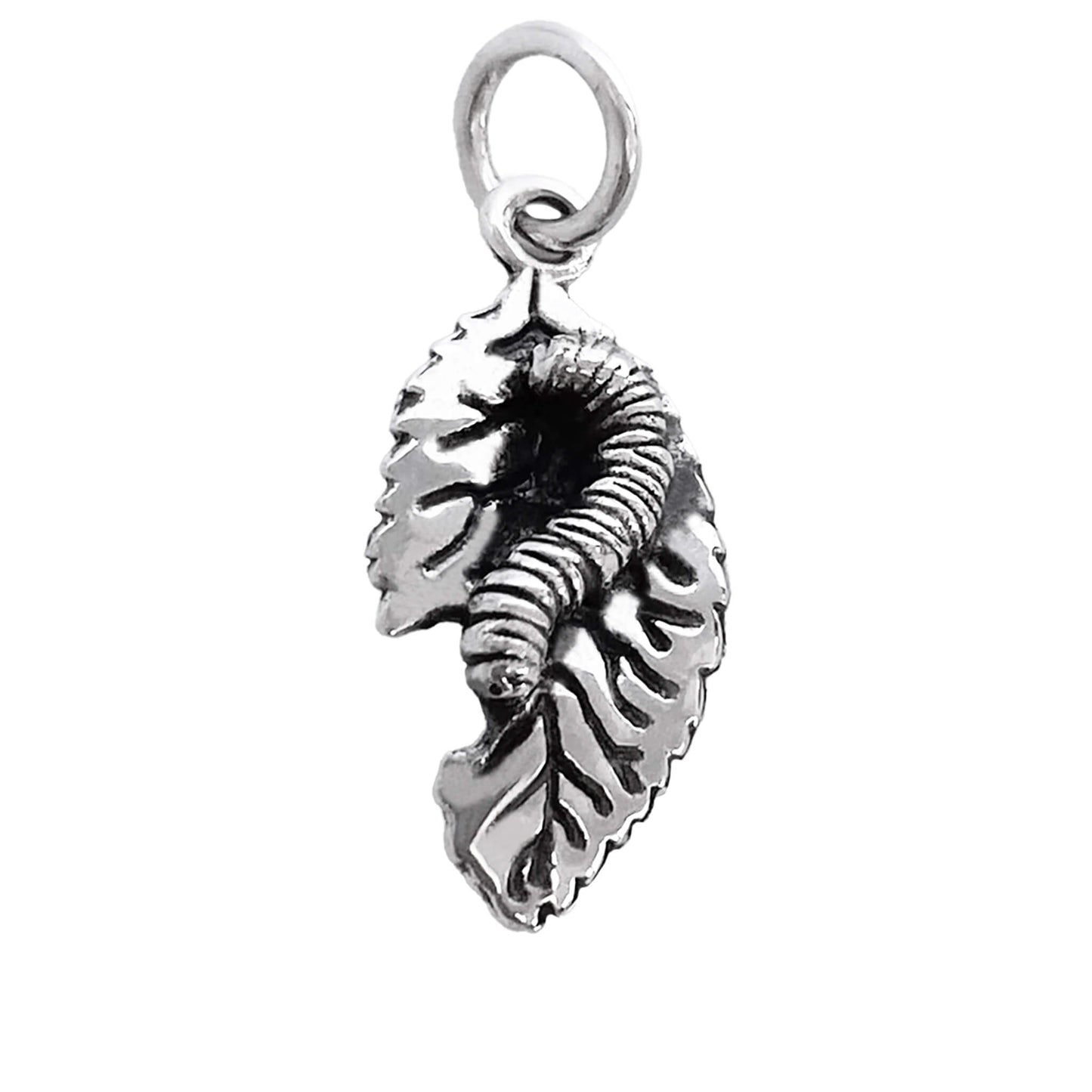 Sterling silver caterpillar on leaf charm