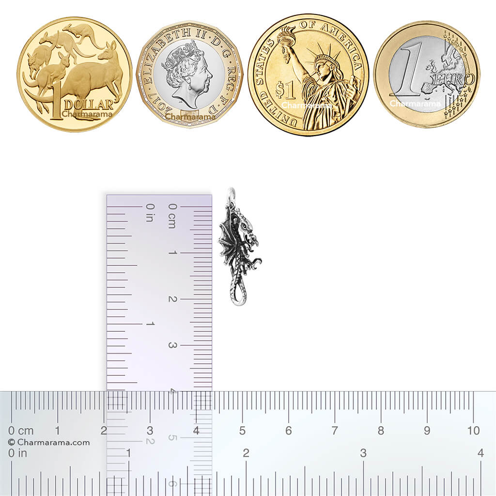Silver dragon pendant next to coins and a ruler for size comparison