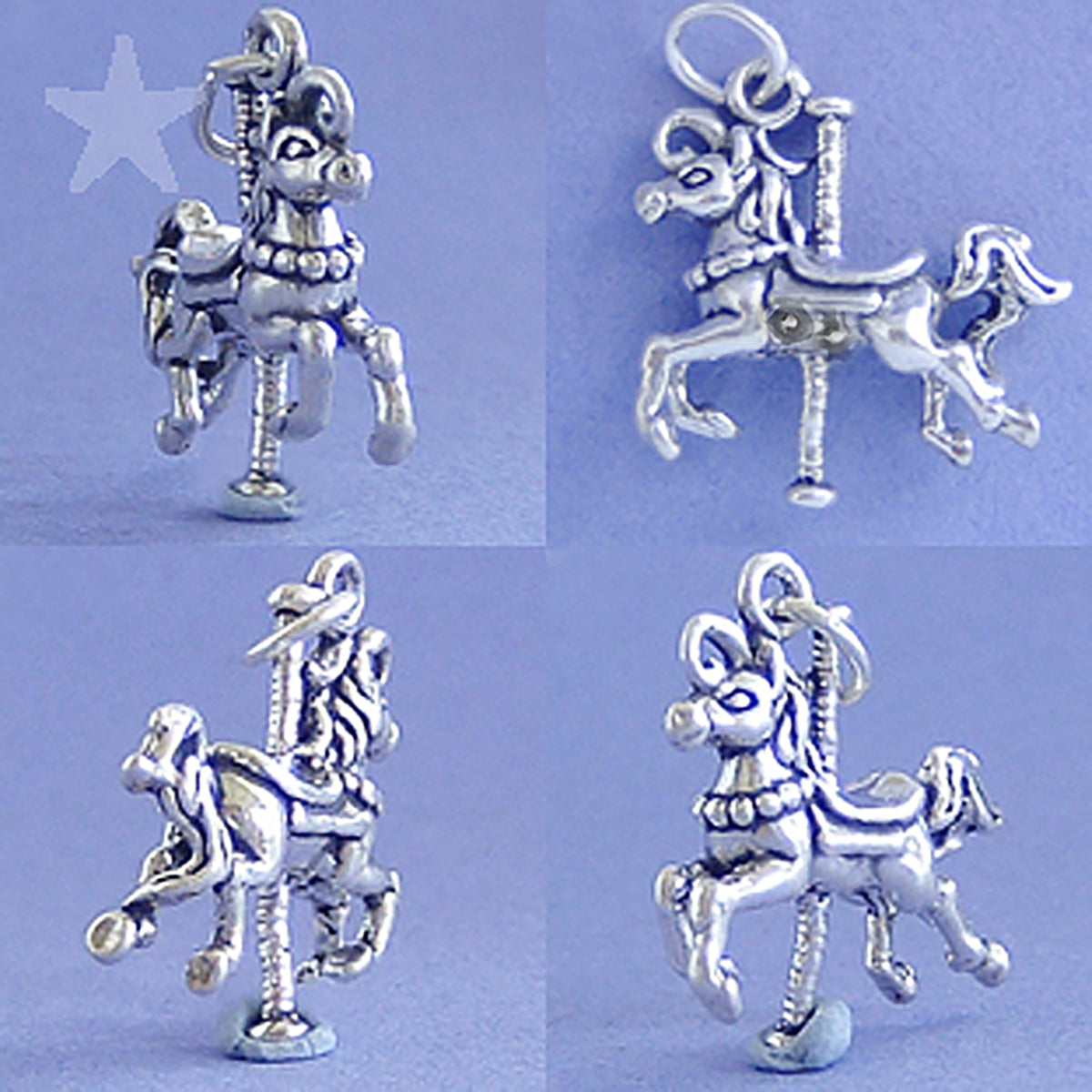 Four angles of a carousel horse charm on purple background