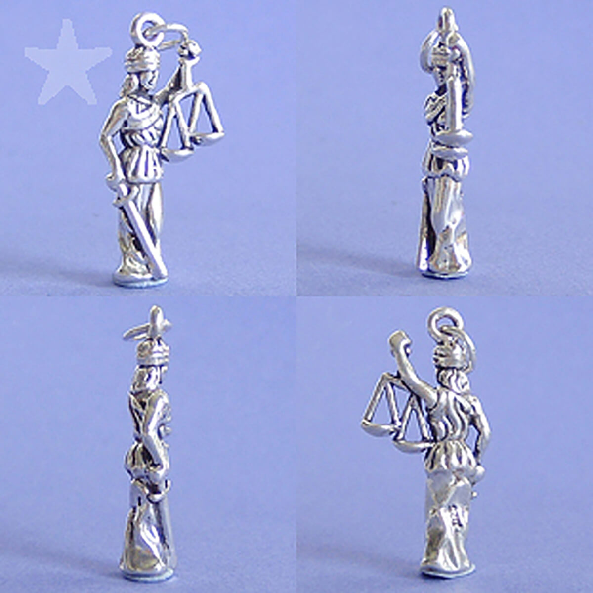 Silver statue of Lady Justice on a light purple background seen from four angles