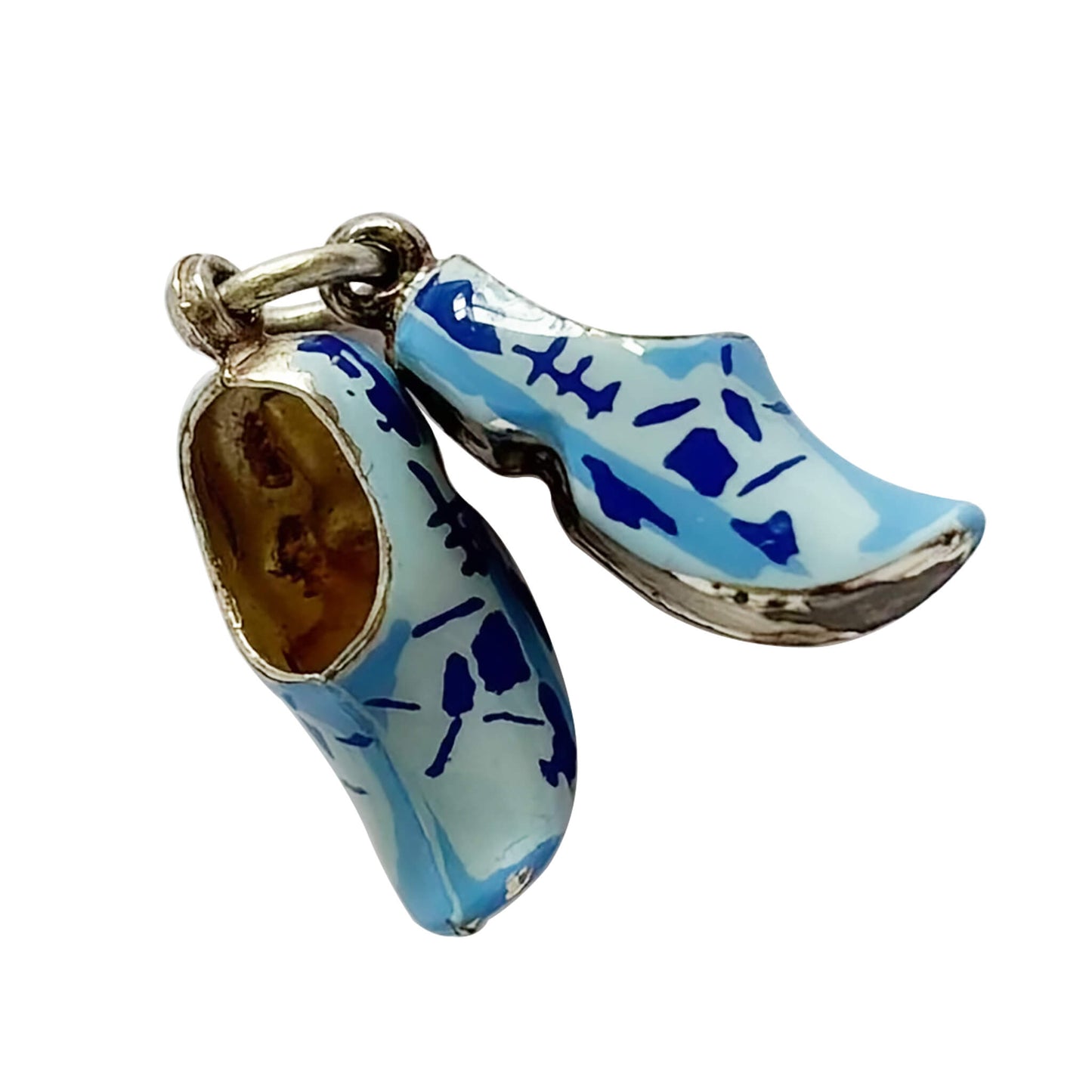 Blue and white clog shoe charm on a white background