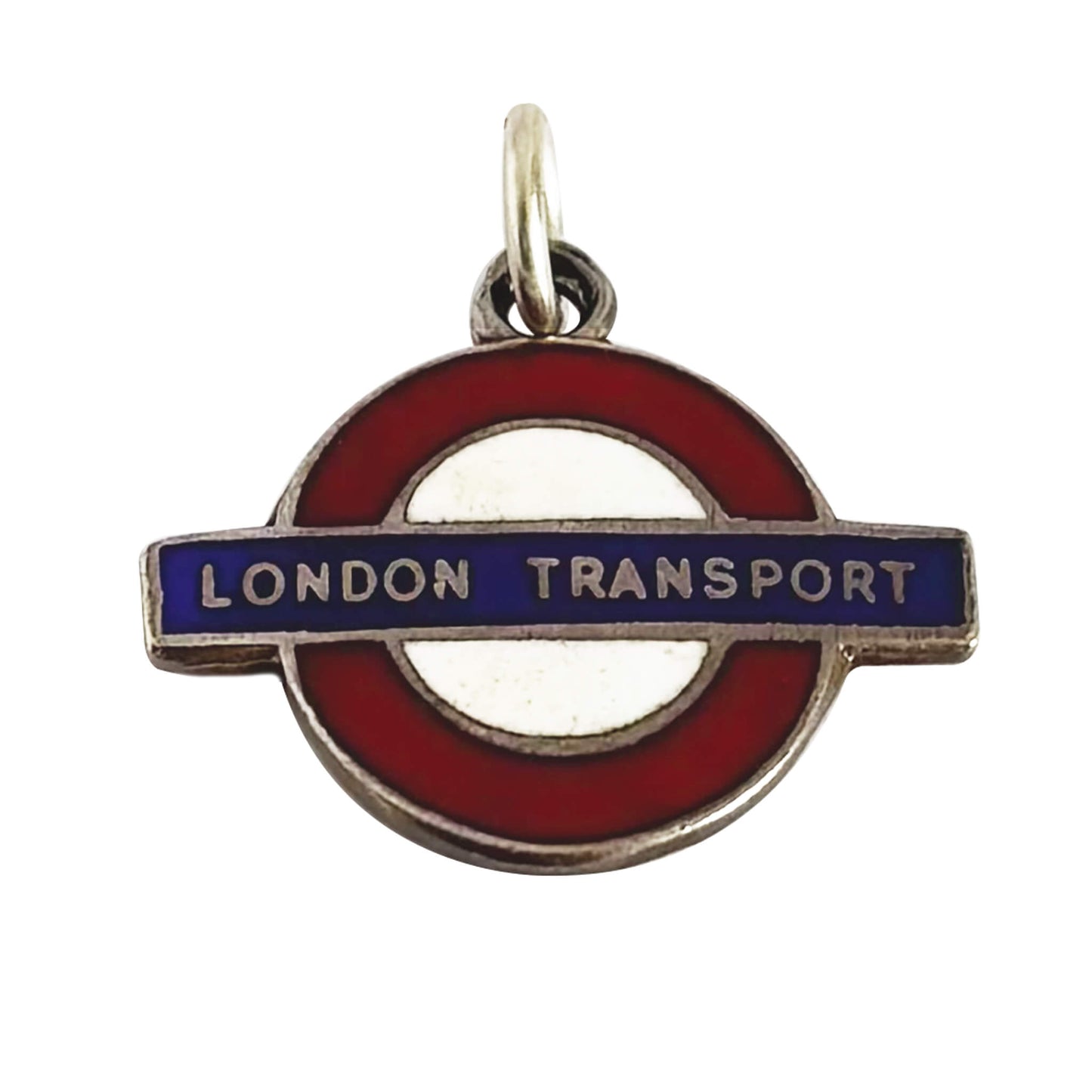 Silver and enamel vintage London Transport logo charm on a white background