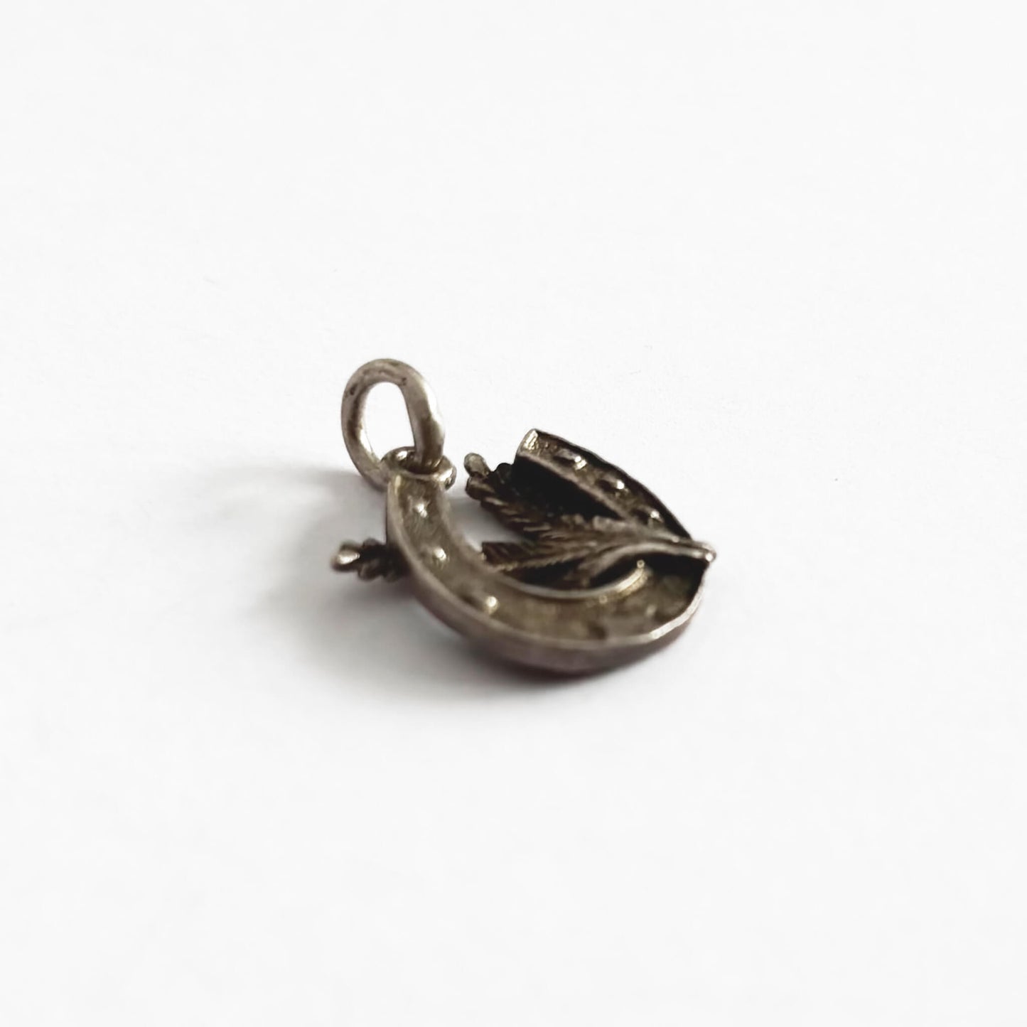 Silver horseshoe and heather pendant on a white background