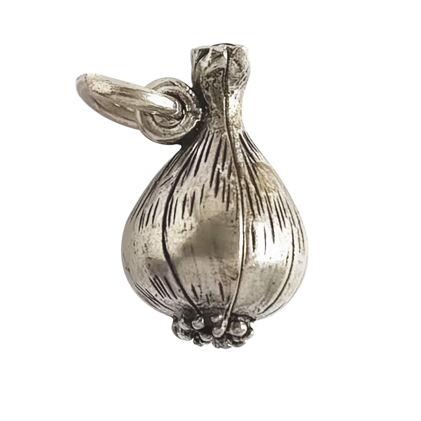 Silver onion pendant on a white background