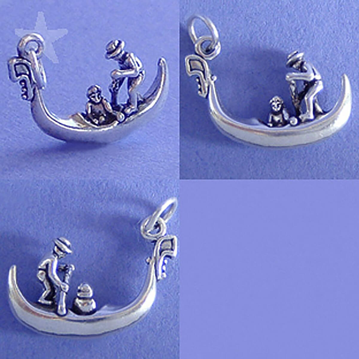 silver gondola charm seen from three different angles on purple background