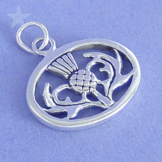 Scottish Thistle in Oval Charm Sterling Silver 925 Pendant