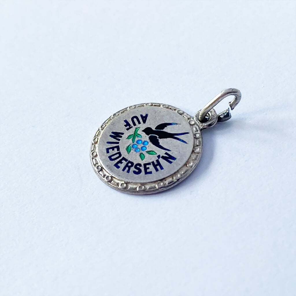 Collector Antique German Austrian silver charm Swallow bird forget me not flower goodbye