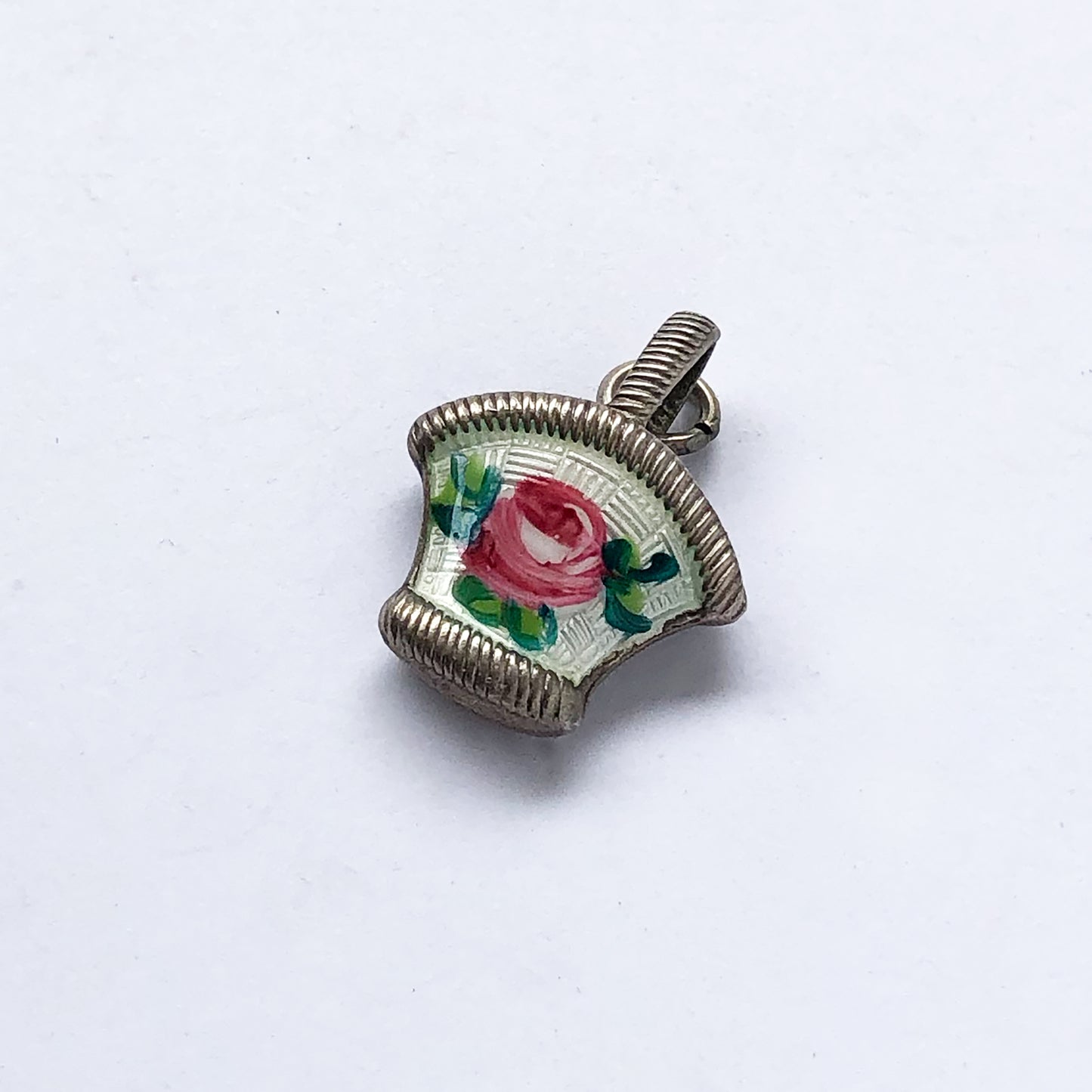 Vintage silver enamel basket charm pink rose side