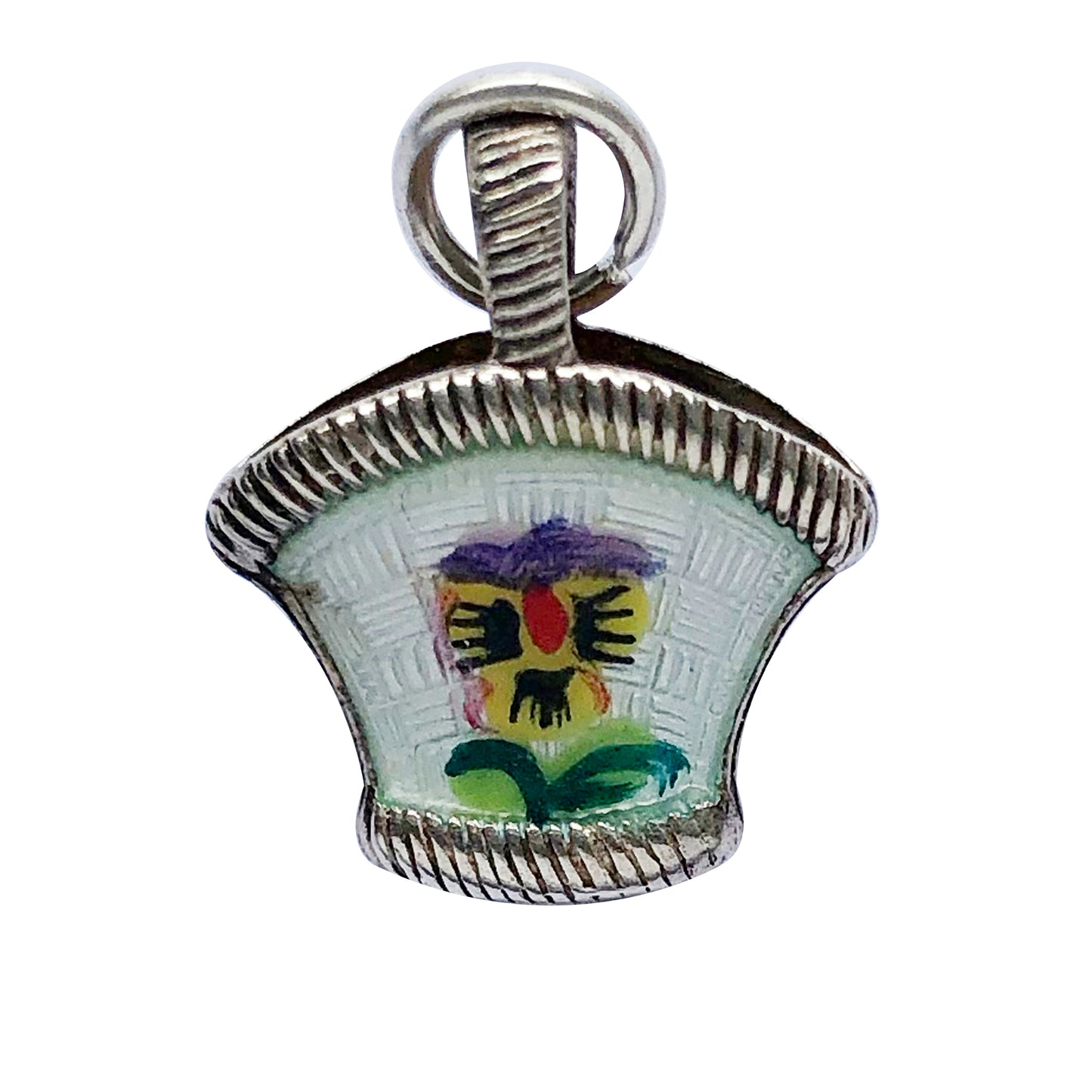 Vintage Flower Basket Charm Silver Enamel Pansy