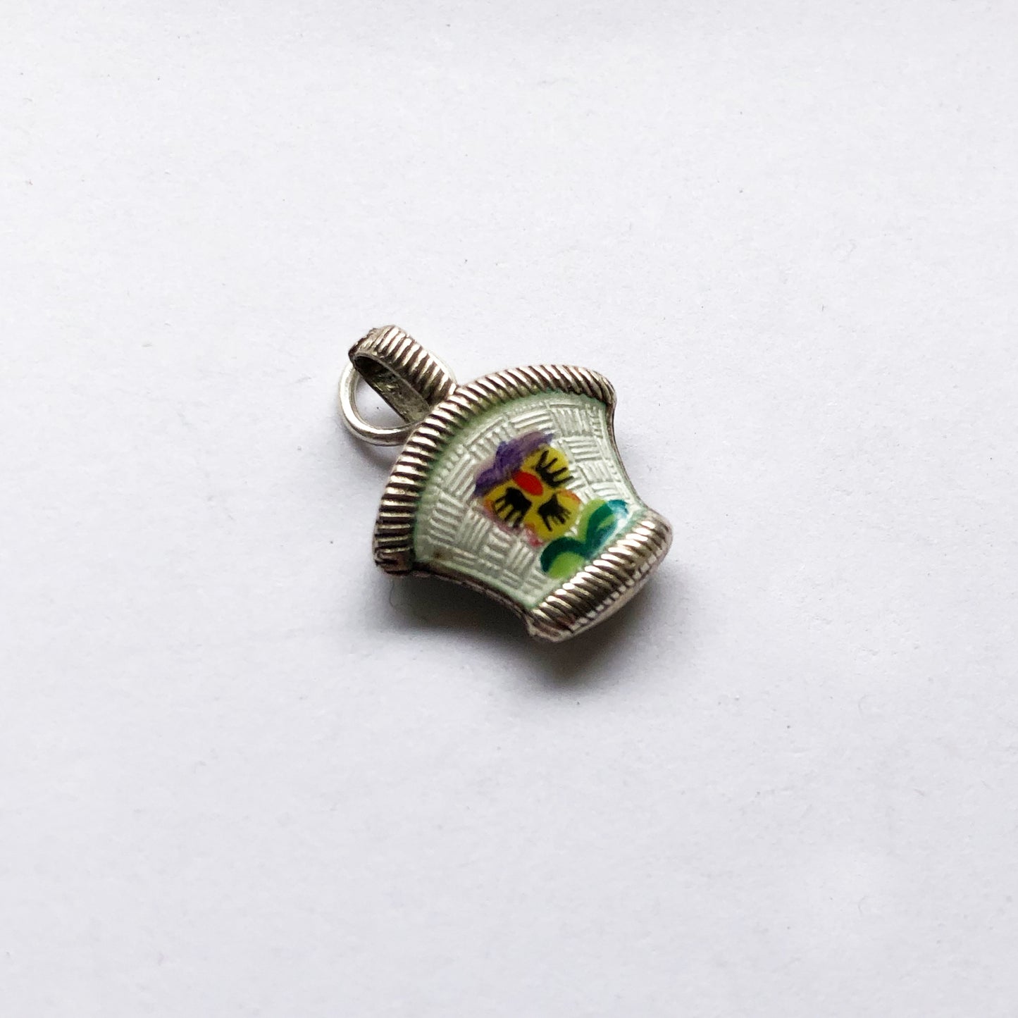 Florist Basket Charm Silver Enamel Pansy Vintage