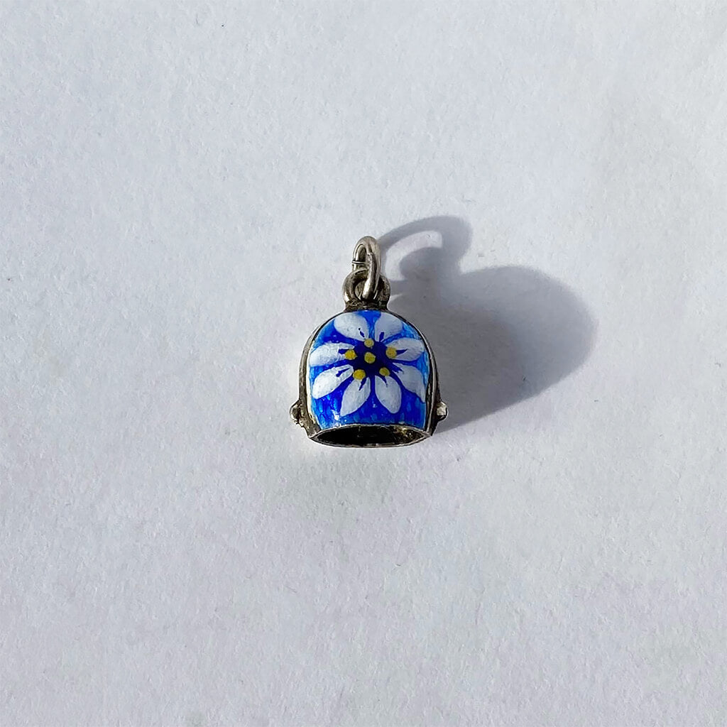 Vintage bell charm with blue enamel and white edelweiss flower 800 silver from Charmarama Charms