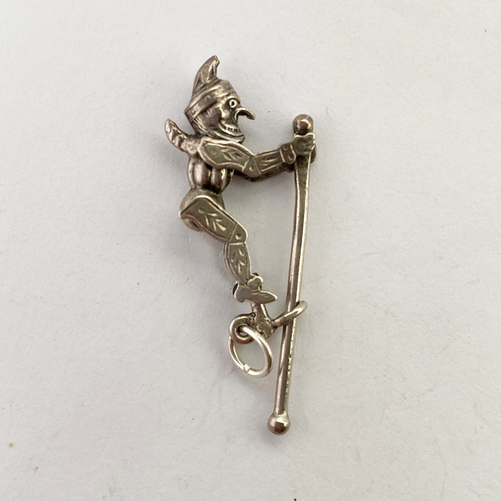 Antique Victorian punchinello clown silver punch jester pendant articulated stick pole Charmarama