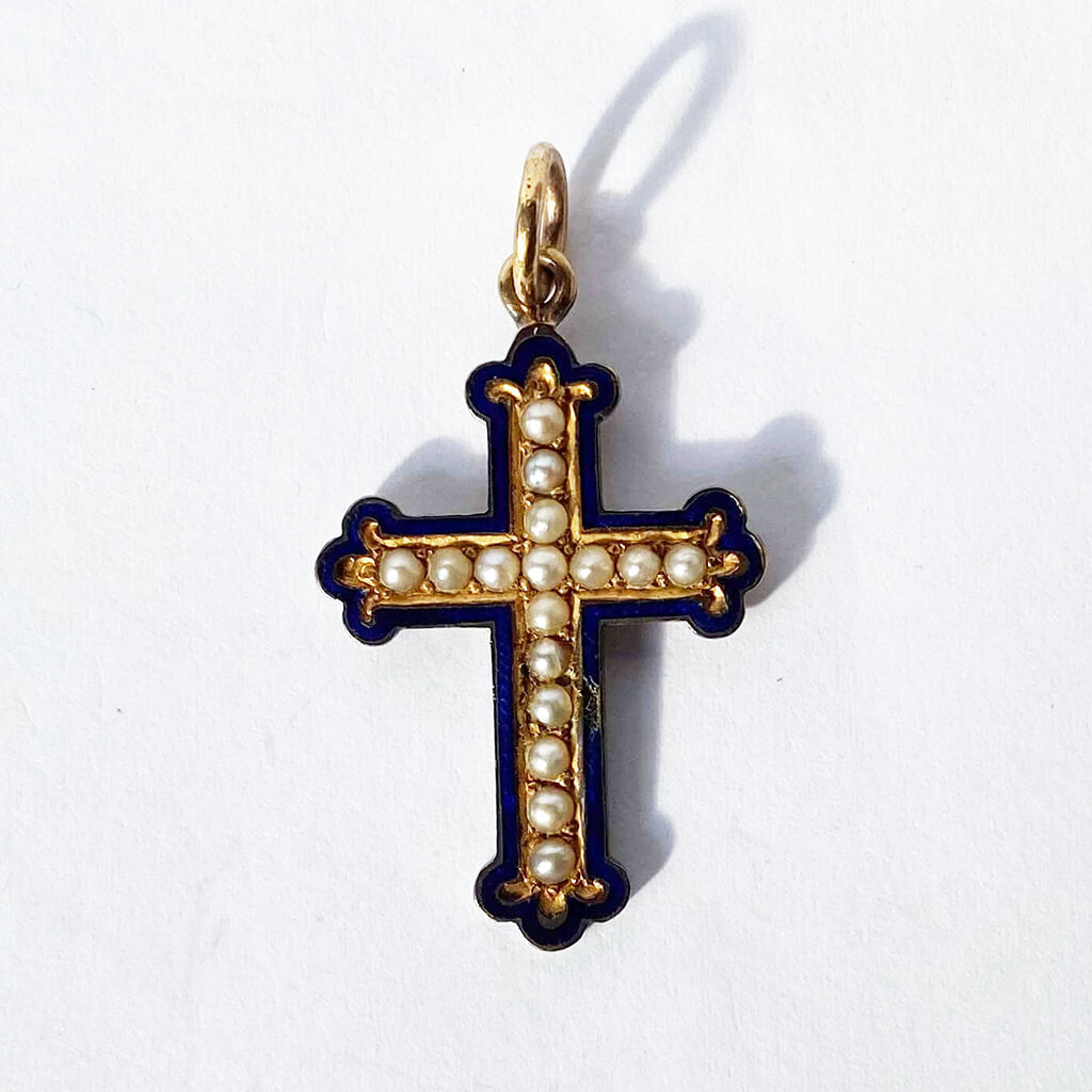 Antique gold filled cross seed pearl dark blue enamel French Pendant Charmarama