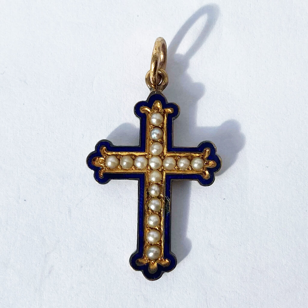 Antique gold filled cross seed pearl dark blue enamel French Pendant Charmarama