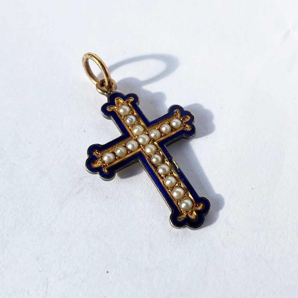 Antique gold filled cross seed pearl dark blue enamel French Pendant Charmarama