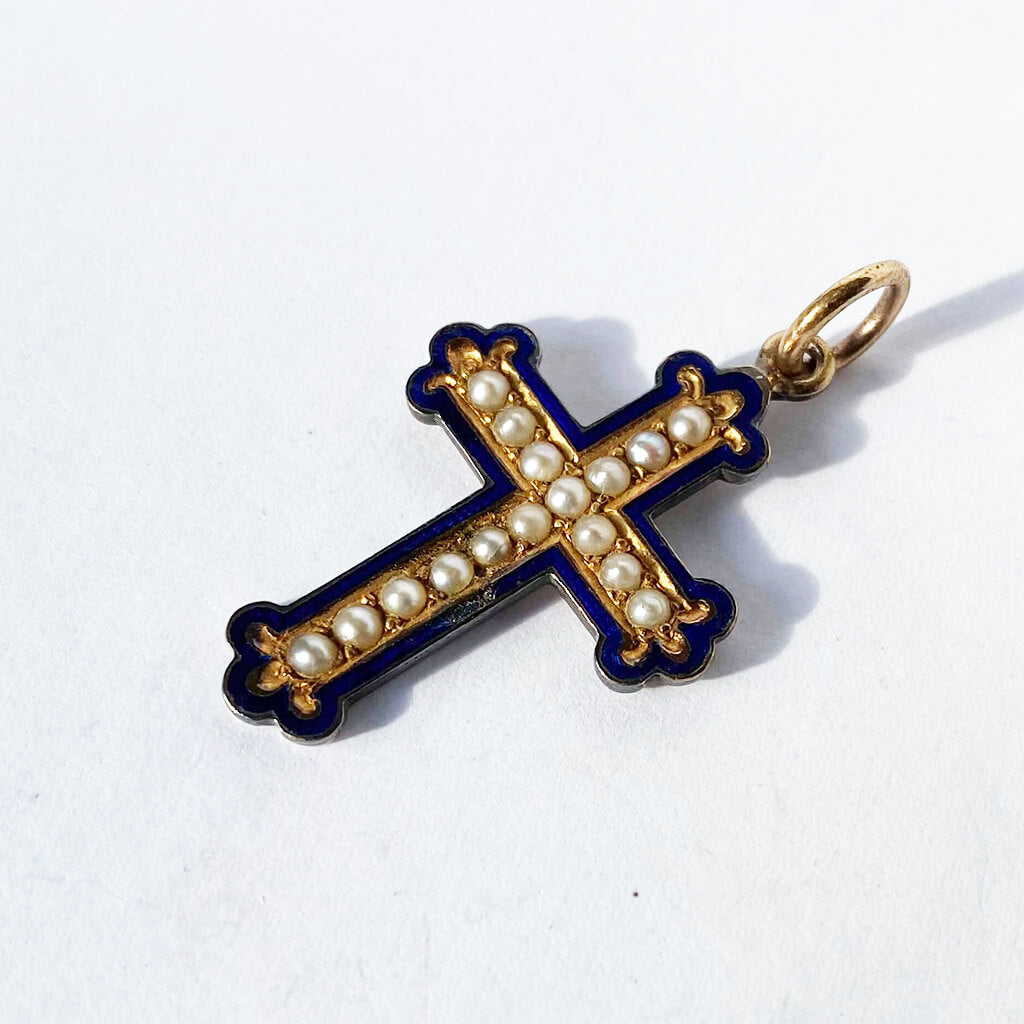 Antique gold filled cross seed pearl dark blue enamel French Pendant Charmarama