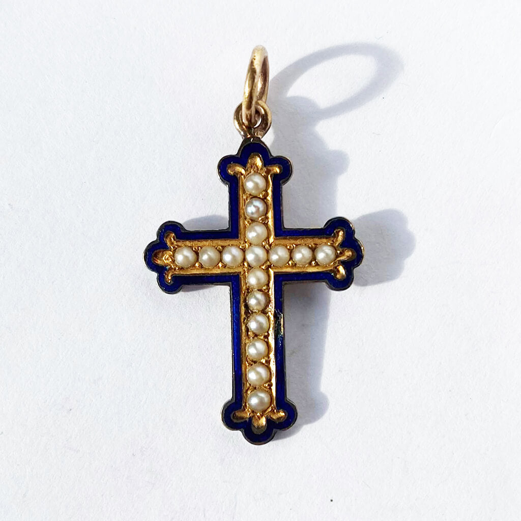 Antique gold filled cross seed pearl dark blue enamel French Pendant Charmarama