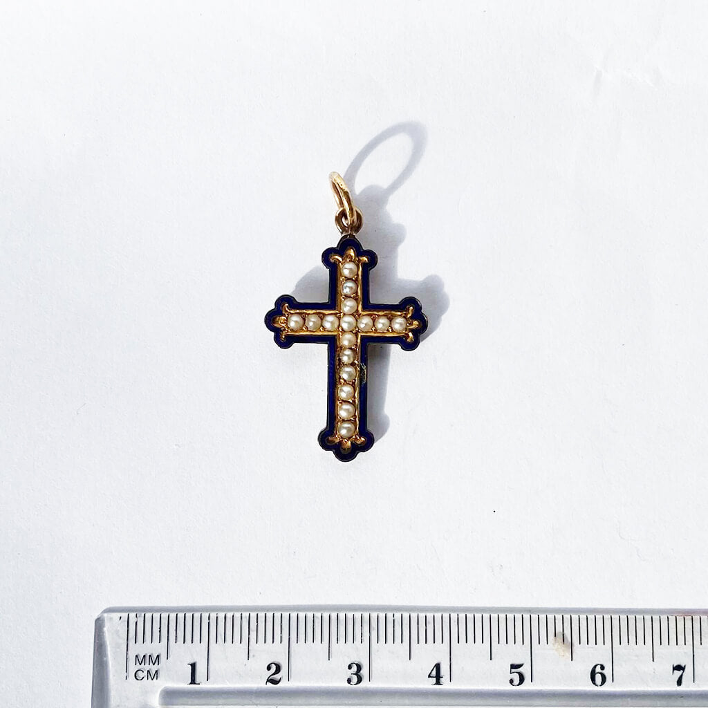 Antique gold filled cross seed pearl dark blue enamel French Pendant Charmarama