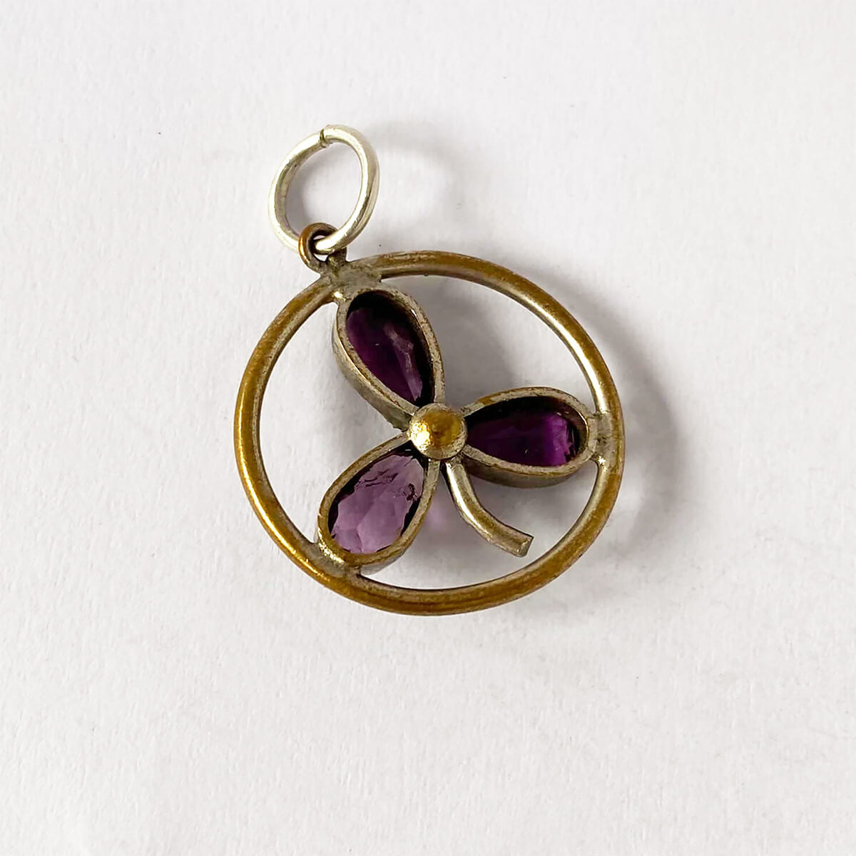 Three leaf clover leaf charm antique French amethyst gilded silver pendant from Charmarama