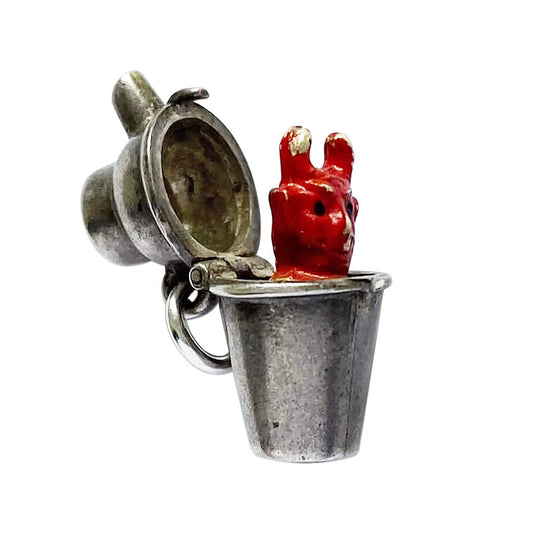 Vintage sterling silver opening cocktail shaker charm with red enamel devil inside pendant
