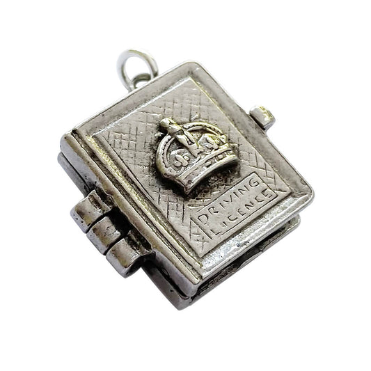 Vintage sterling silver opening driving licence charm with papers inside pendant