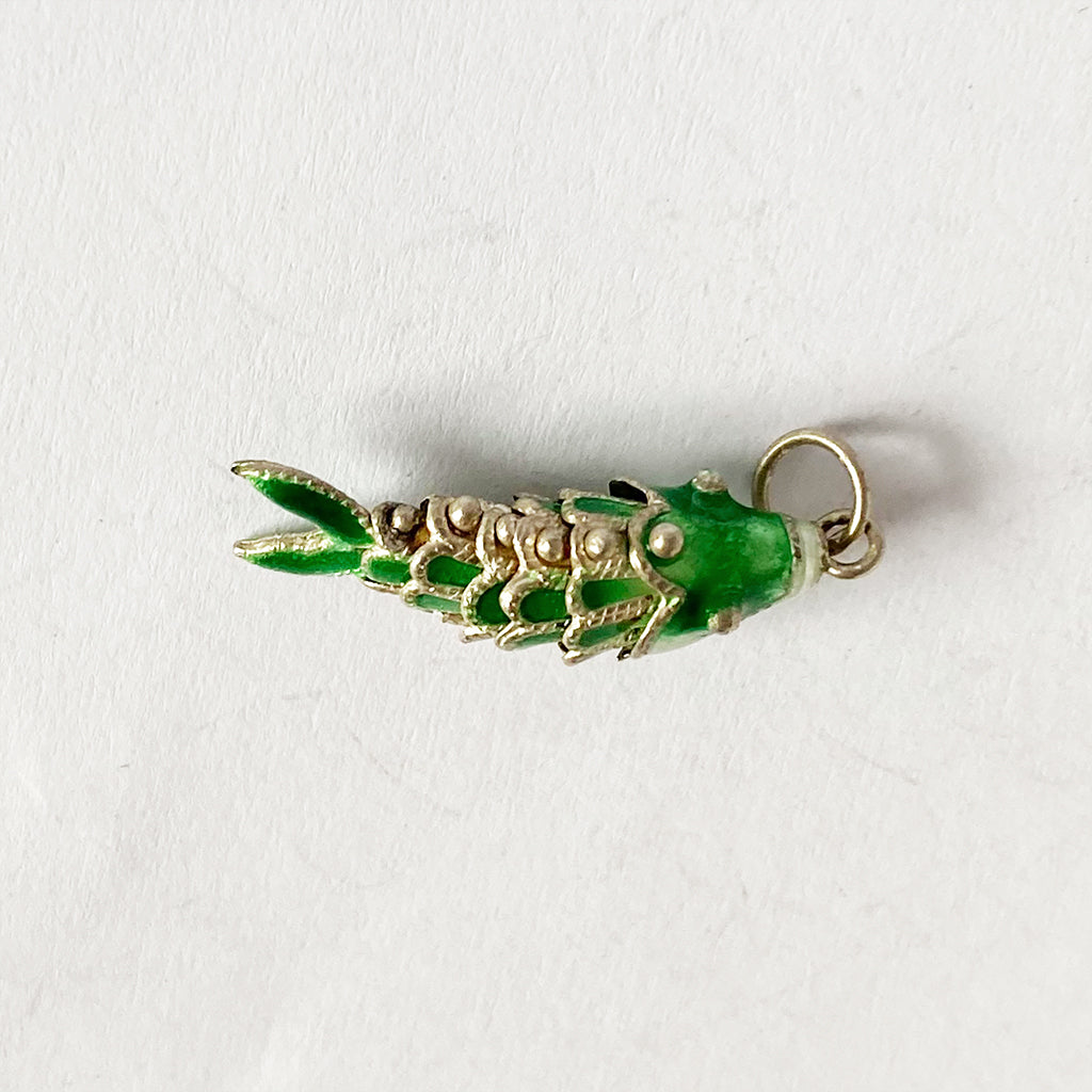 Articulated Fish Charm Vintage Green Enamel Moving Pendant