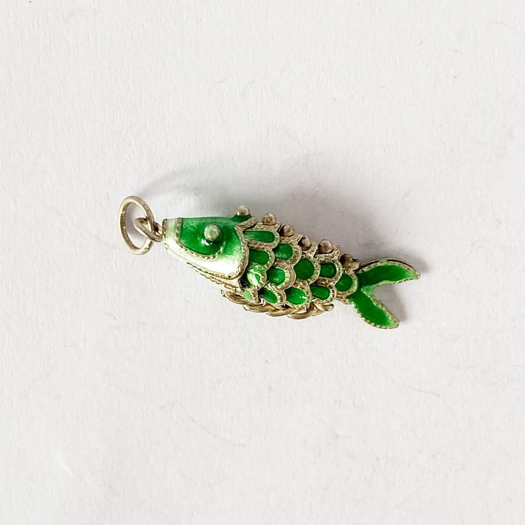 Moving Fish Charm Vintage Green Enamel Moveable Pendant