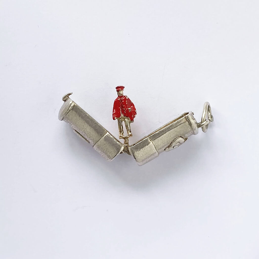 Royal Mail postbox charm opening to red enamel postman vintage silver pendant