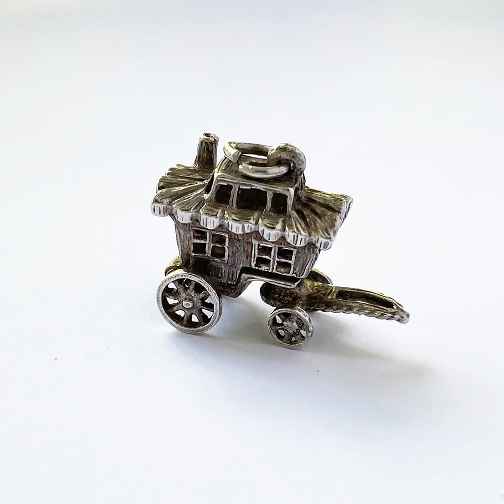 Vintage vardo charm silver and enamel opening to fortune teller gypsy inside