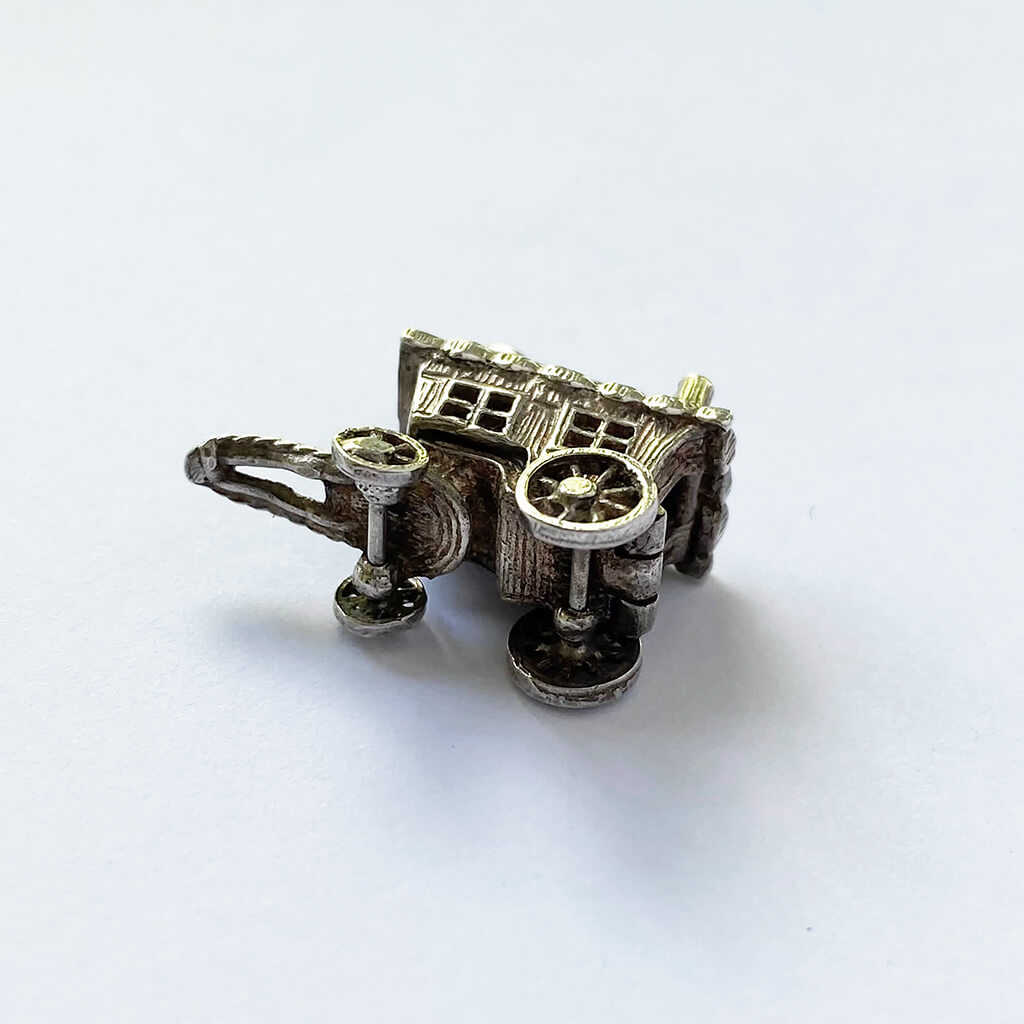 Gypsy caravan silver enamel charm pendant opens to Romani fortune teller vintage English