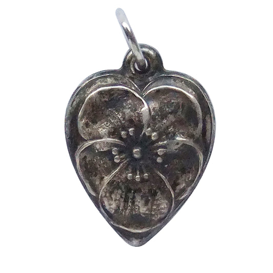 Vintage puffed heart charm with pansy flower design
