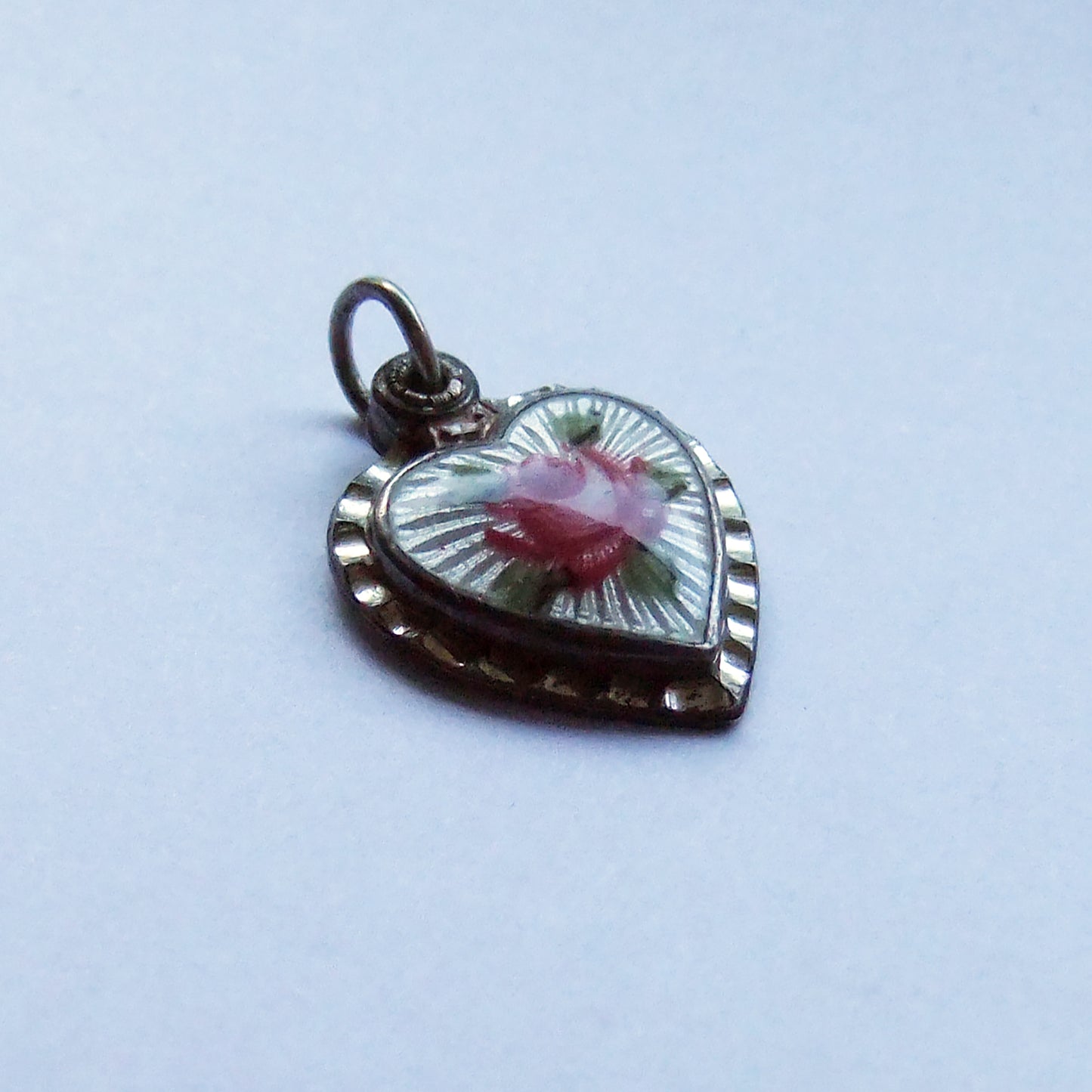 Catholic guilloche enamel heart charm slider sterling silver