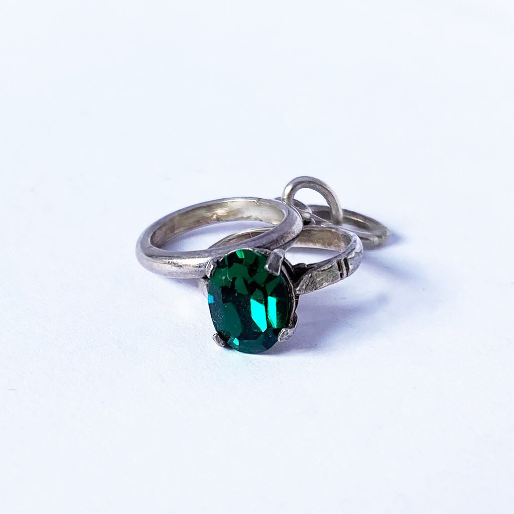 Vintage silver Engagement and Wedding Rings Charm with faux emerald gemstone
