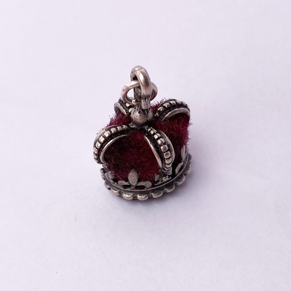 Sterling silver 1950s Beau royal crown charm with red velvet fabric