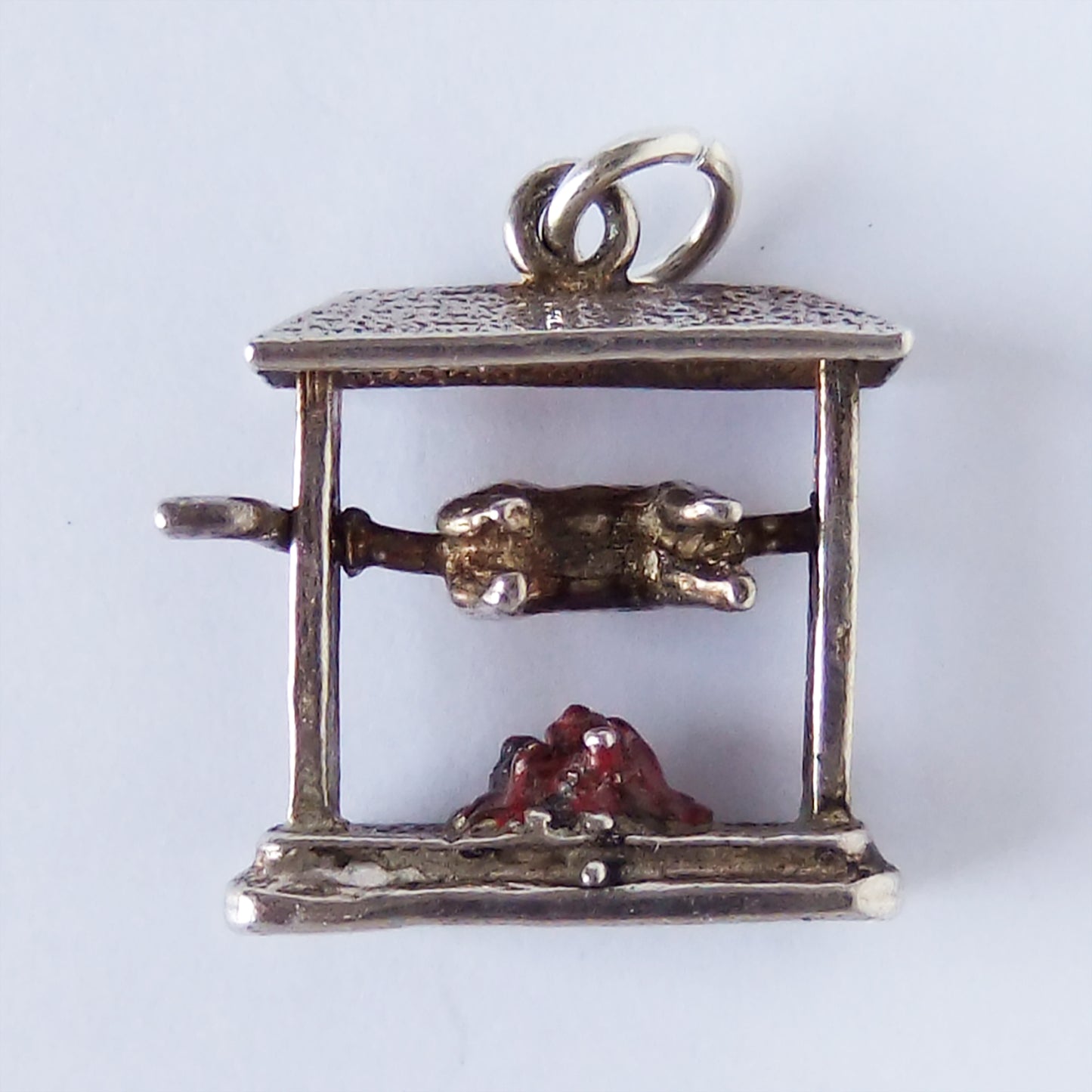 Vintage Spit Roast Charm Pig Rotisserie Silver Red Enamel