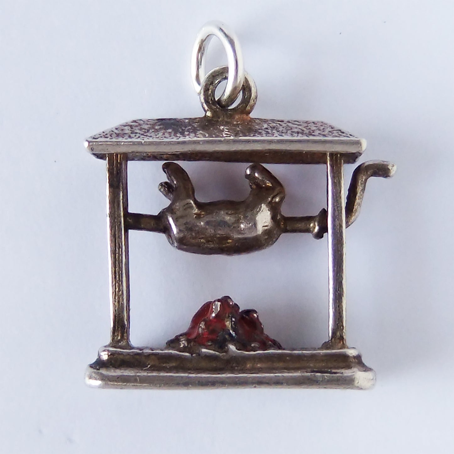 Vintage Mechanical Hog Roast Charm Rotisserie Silver Enamel