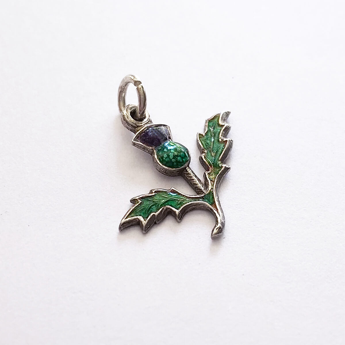 Vintage thistle charm silver flower pendant with purple and green enamel