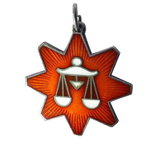 Libra Zodiac Charm Harry Sørby Norway Vintage Sterling Silver and Orange Enamel Norwegian Pendant