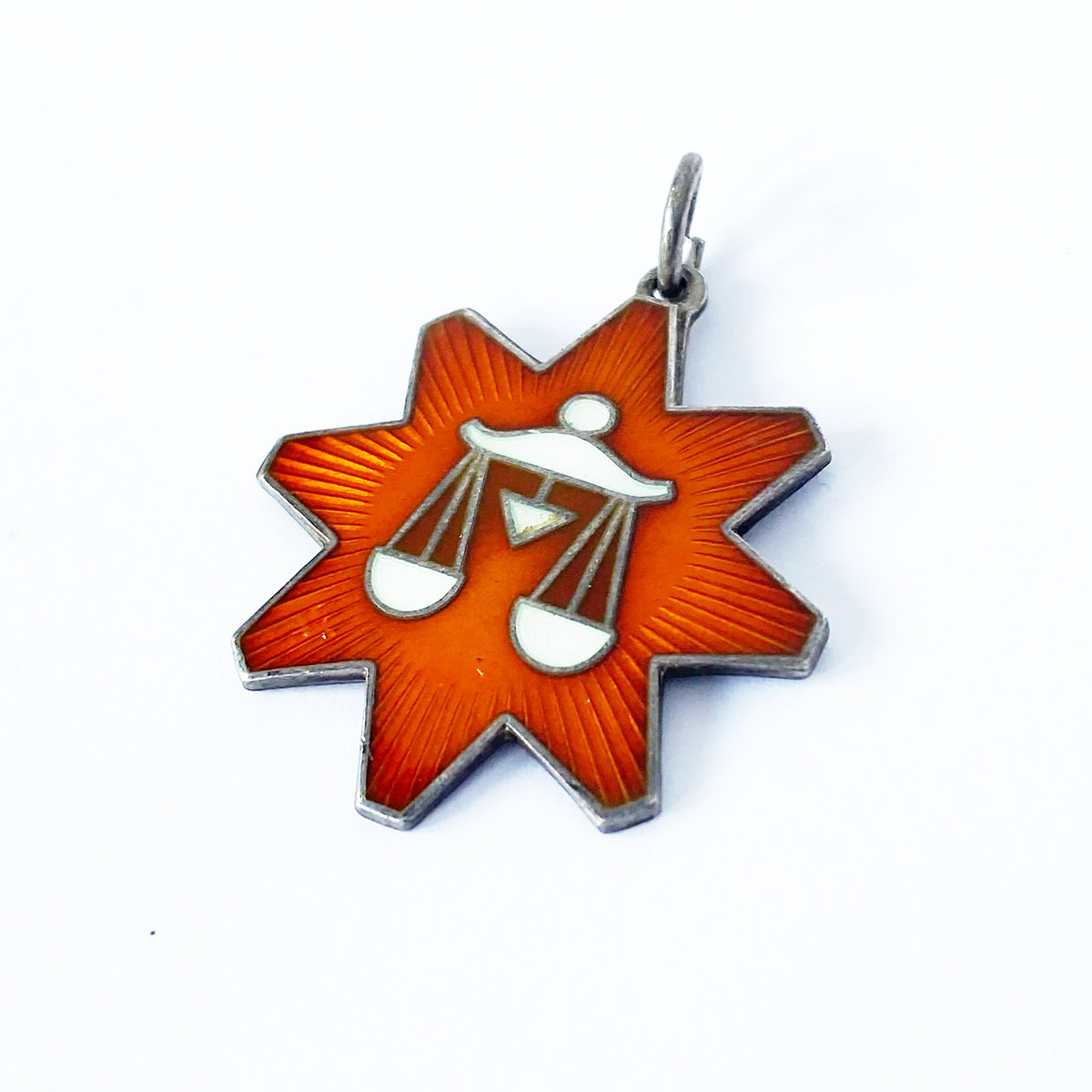 Libra Astrology Scales Charm Harry Sørby Norway Vintage Sterling Silver and Orange Enamel Norwegian Pendant